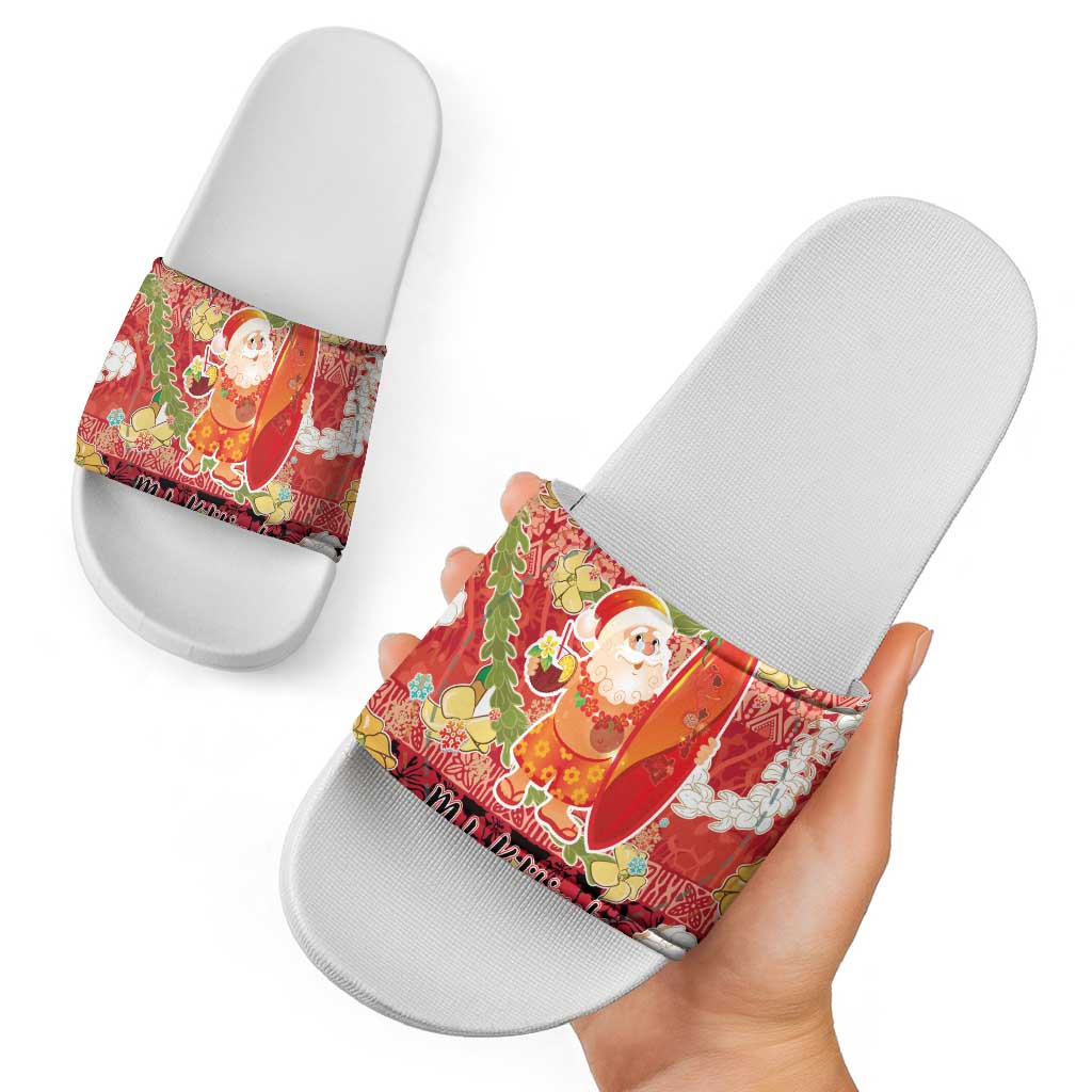 Hawaii Santa Mele Kalikimaka Slide Sandals Tropical Puakenikeni Lei with Polynesian Tribal Pattern - Polynesian Pride