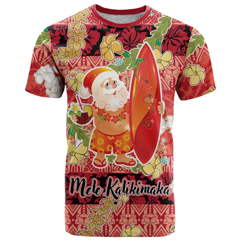 Hawaii Santa Mele Kalikimaka T Shirt Tropical Puakenikeni Lei with Polynesian Tribal Pattern - Polynesian Pride