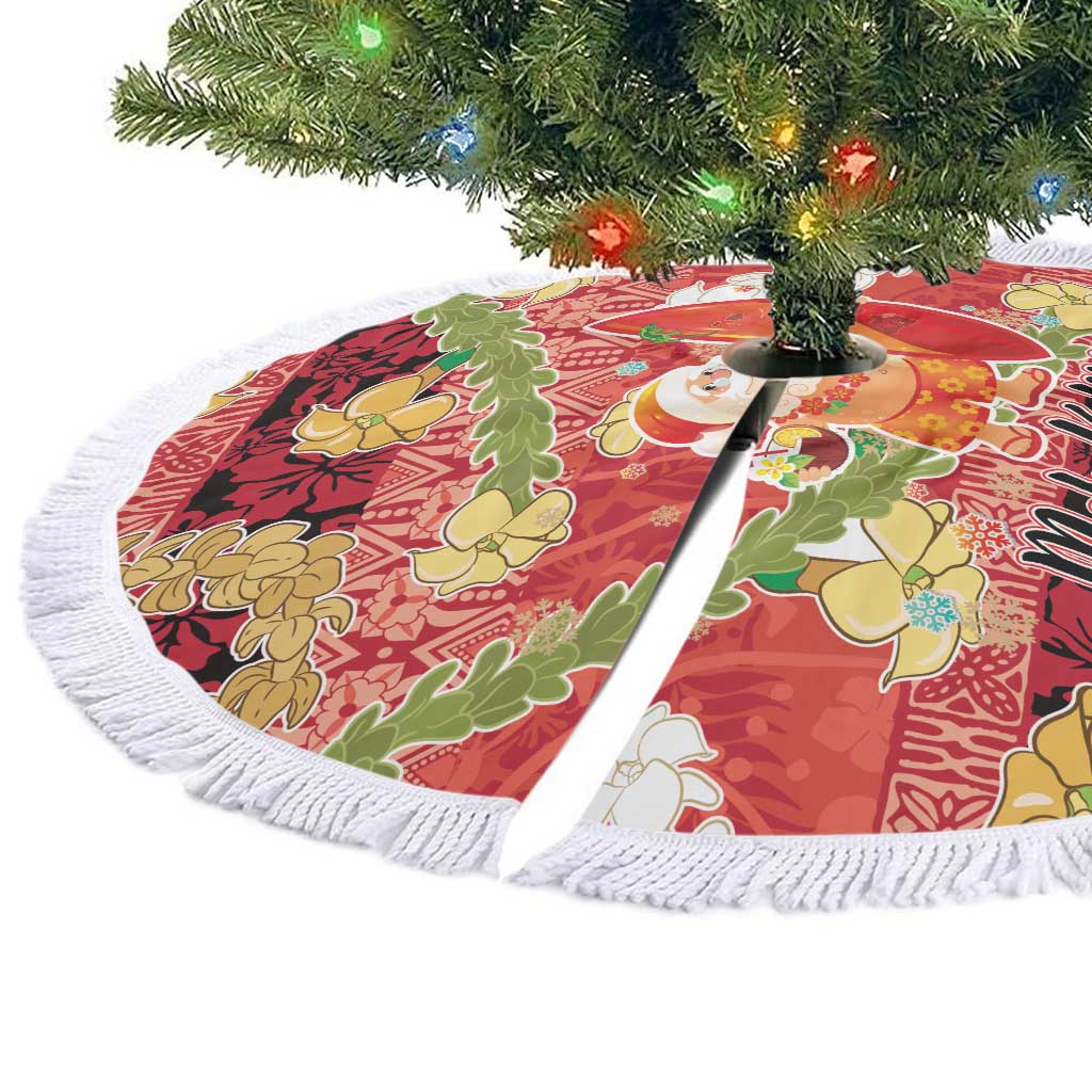 Hawaii Santa Mele Kalikimaka Tree Skirt Tropical Puakenikeni Lei with Polynesian Tribal Pattern - Polynesian Pride
