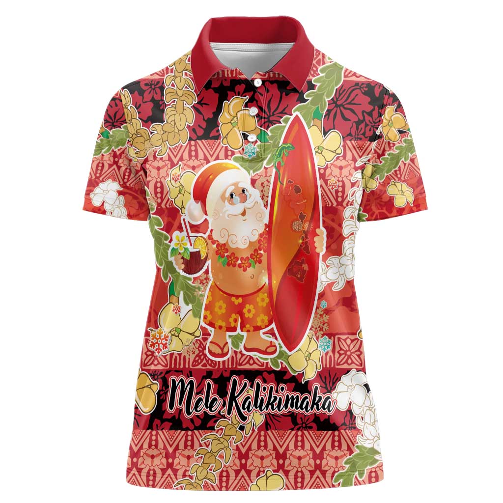 Hawaii Santa Mele Kalikimaka Women Polo Shirt Tropical Puakenikeni Lei with Polynesian Tribal Pattern - Polynesian Pride