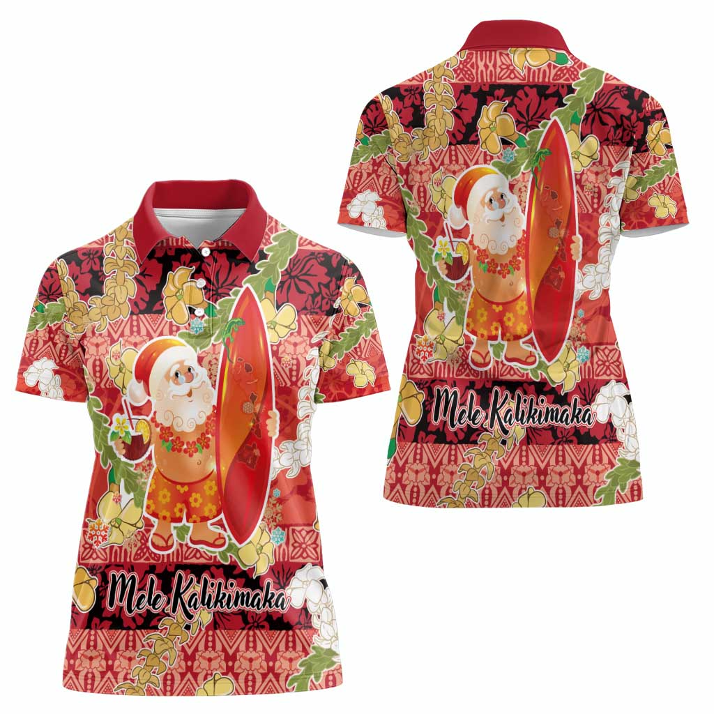 Hawaii Santa Mele Kalikimaka Women Polo Shirt Tropical Puakenikeni Lei with Polynesian Tribal Pattern - Polynesian Pride