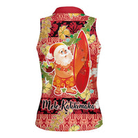 Hawaii Santa Mele Kalikimaka Women Sleeveless Polo Shirt Tropical Puakenikeni Lei with Polynesian Tribal Pattern - Polynesian Pride