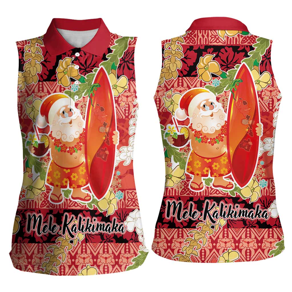 Hawaii Santa Mele Kalikimaka Women Sleeveless Polo Shirt Tropical Puakenikeni Lei with Polynesian Tribal Pattern - Polynesian Pride
