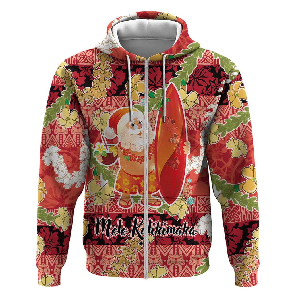 Hawaii Santa Mele Kalikimaka Zip Hoodie Tropical Puakenikeni Lei with Polynesian Tribal Pattern - Polynesian Pride