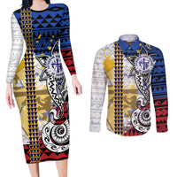 Hawaii Lutheran High School Couples Matching Long Sleeve Bodycon Dress and Long Sleeve Button Shirt Kakau Pattern Splash Style LT03 Red - Polynesian Pride