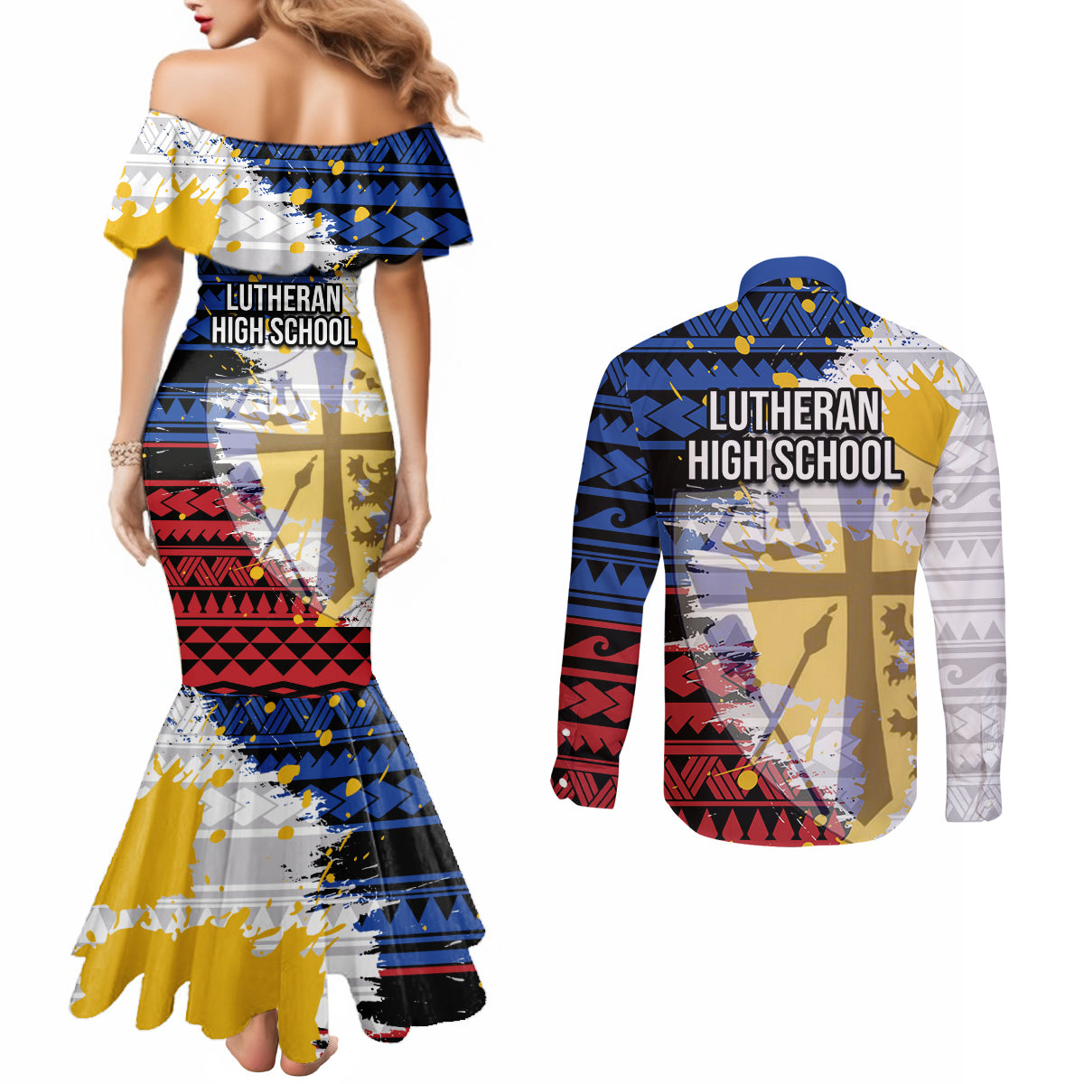 Hawaii Lutheran High School Couples Matching Mermaid Dress and Long Sleeve Button Shirt Kakau Pattern Splash Style LT03 - Polynesian Pride