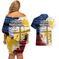 Hawaii Lutheran High School Couples Matching Off Shoulder Short Dress and Hawaiian Shirt Kakau Pattern Splash Style LT03 - Polynesian Pride