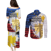 Hawaii Lutheran High School Couples Matching Puletasi Dress and Long Sleeve Button Shirt Kakau Pattern Splash Style LT03 - Polynesian Pride