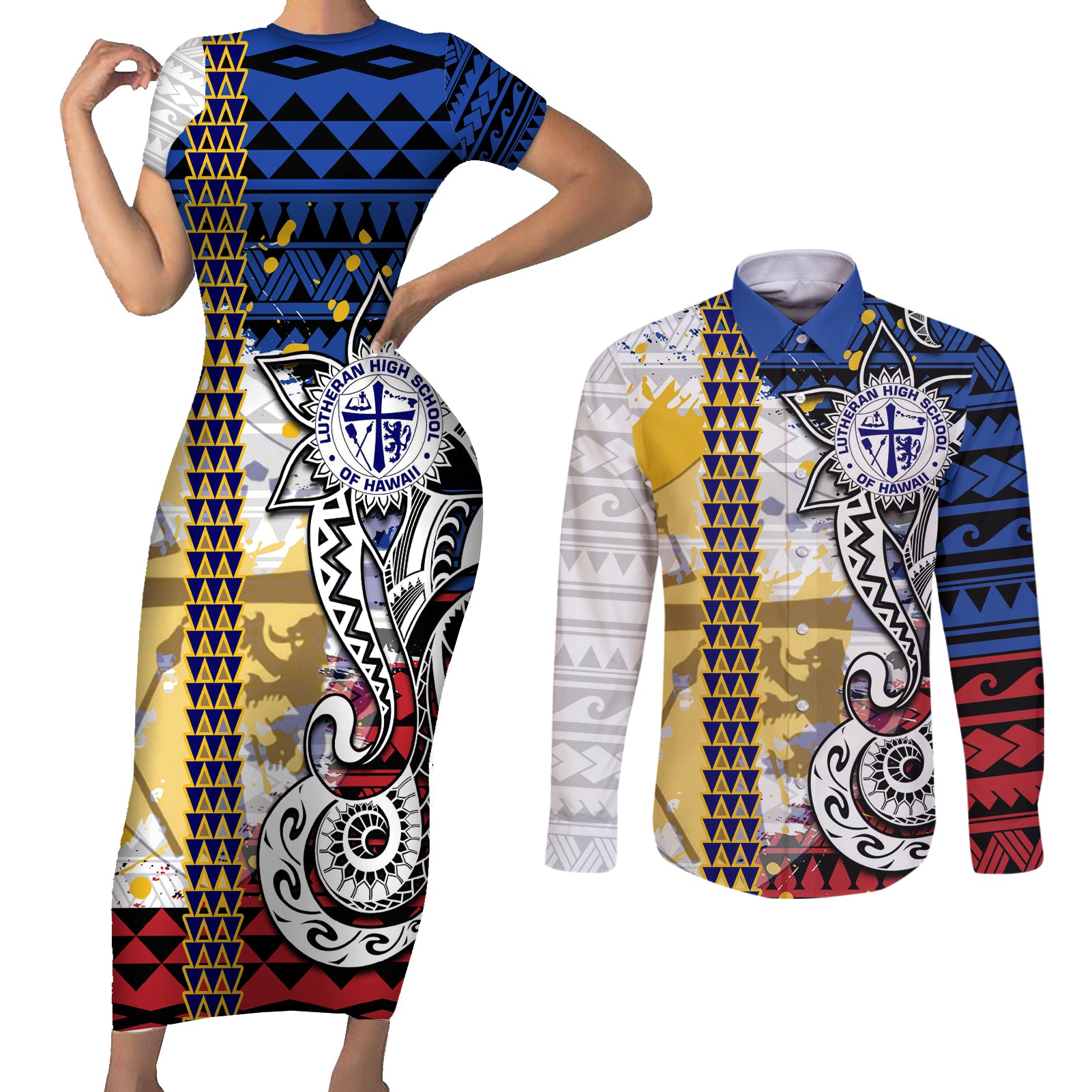 Hawaii Lutheran High School Couples Matching Short Sleeve Bodycon Dress and Long Sleeve Button Shirt Kakau Pattern Splash Style LT03 Red - Polynesian Pride