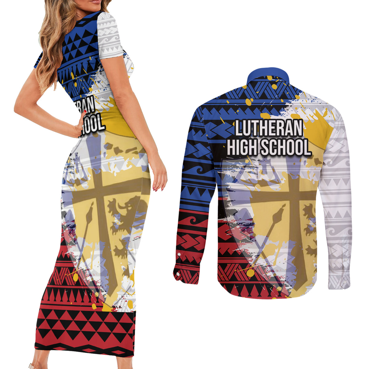 Hawaii Lutheran High School Couples Matching Short Sleeve Bodycon Dress and Long Sleeve Button Shirt Kakau Pattern Splash Style LT03 - Polynesian Pride