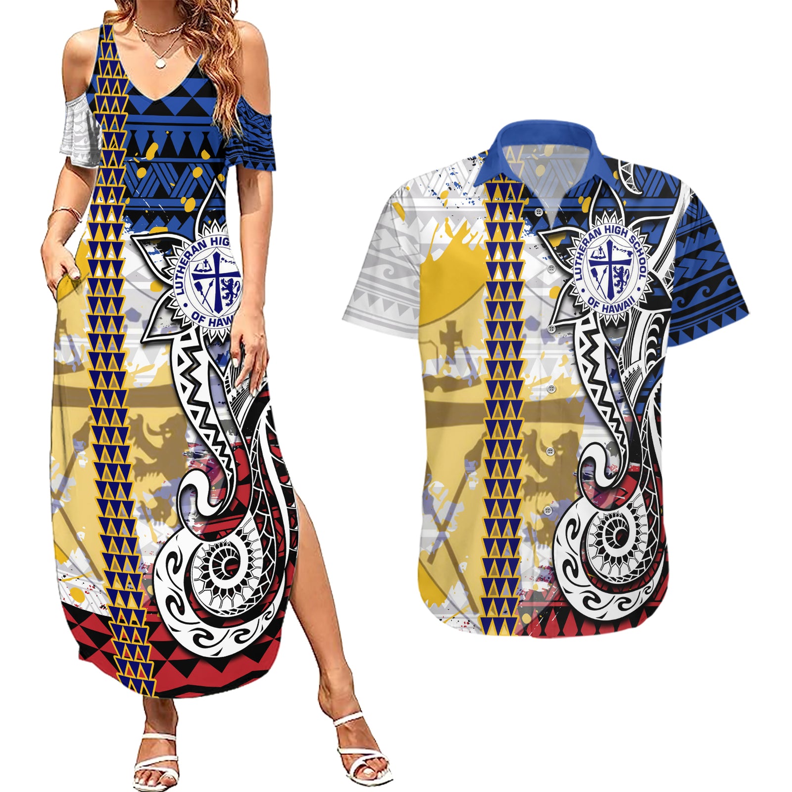 Hawaii Lutheran High School Couples Matching Summer Maxi Dress and Hawaiian Shirt Kakau Pattern Splash Style LT03 Red - Polynesian Pride