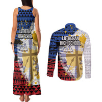 Hawaii Lutheran High School Couples Matching Tank Maxi Dress and Long Sleeve Button Shirt Kakau Pattern Splash Style LT03 - Polynesian Pride