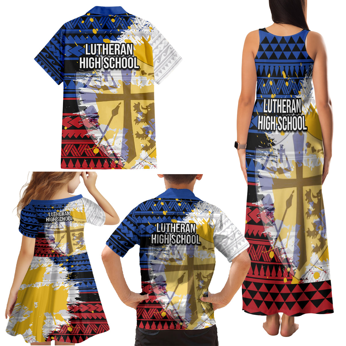 Hawaii Lutheran High School Family Matching Tank Maxi Dress and Hawaiian Shirt Kakau Pattern Splash Style LT03 - Polynesian Pride