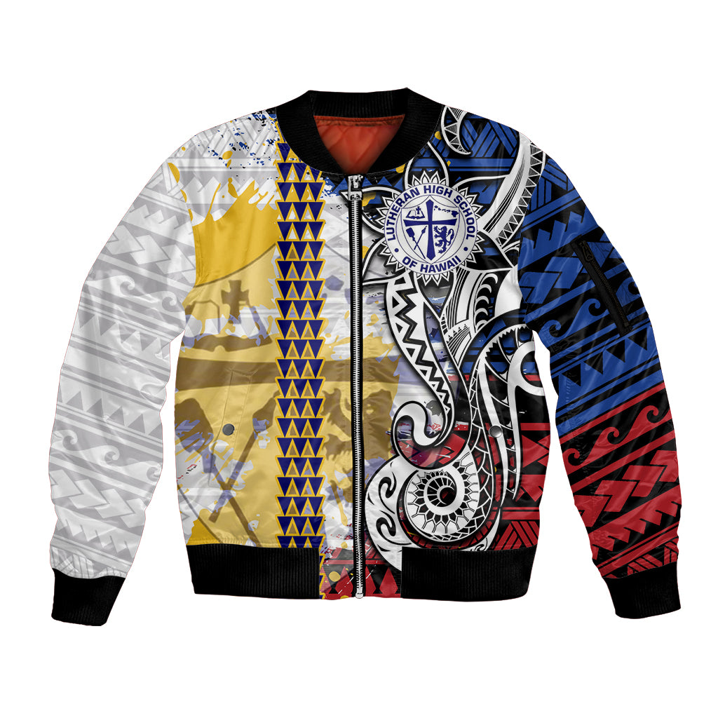 Hawaii Lutheran High School Sleeve Zip Bomber Jacket Kakau Pattern Splash Style LT03 Unisex Red - Polynesian Pride