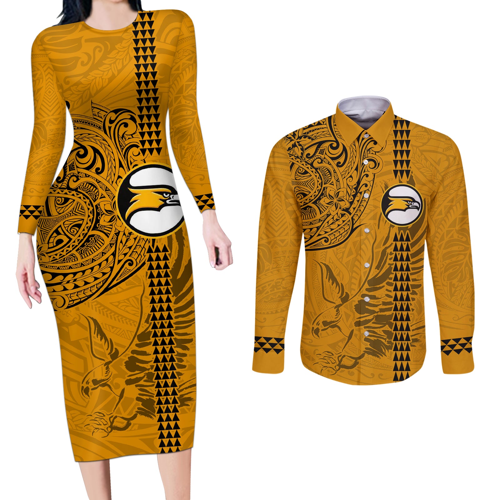 Nanakuli High and Intermediate School Couples Matching Long Sleeve Bodycon Dress and Long Sleeve Button Shirt Tribal Kakau Pattern LT03 Yellow - Polynesian Pride
