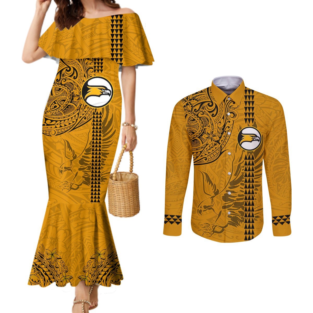 Nanakuli High and Intermediate School Couples Matching Mermaid Dress and Long Sleeve Button Shirt Tribal Kakau Pattern LT03 Yellow - Polynesian Pride