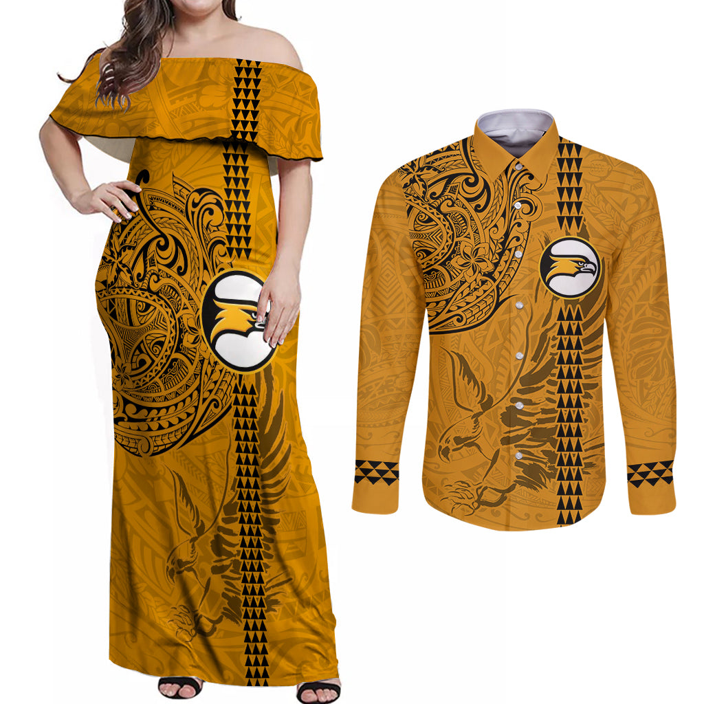 Nanakuli High and Intermediate School Couples Matching Off Shoulder Maxi Dress and Long Sleeve Button Shirt Tribal Kakau Pattern LT03 Yellow - Polynesian Pride