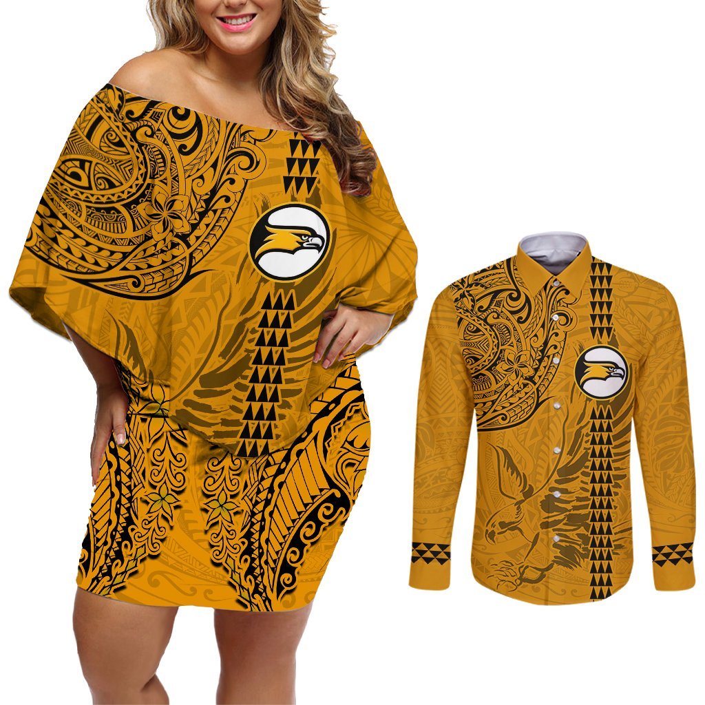 Nanakuli High and Intermediate School Couples Matching Off Shoulder Short Dress and Long Sleeve Button Shirt Tribal Kakau Pattern LT03 Yellow - Polynesian Pride