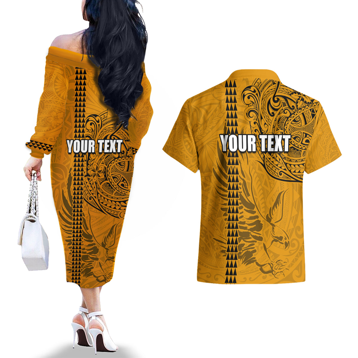 Nanakuli High and Intermediate School Couples Matching Off The Shoulder Long Sleeve Dress and Hawaiian Shirt Tribal Kakau Pattern LT03 - Polynesian Pride