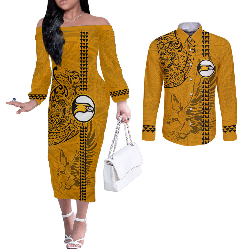 Nanakuli High and Intermediate School Couples Matching Off The Shoulder Long Sleeve Dress and Long Sleeve Button Shirt Tribal Kakau Pattern LT03 Yellow - Polynesian Pride