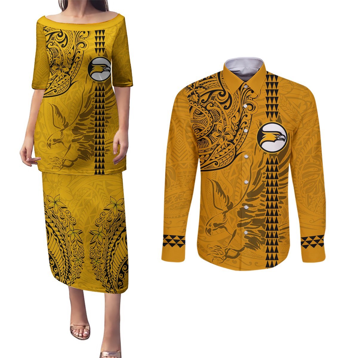 Nanakuli High and Intermediate School Couples Matching Puletasi Dress and Long Sleeve Button Shirt Tribal Kakau Pattern LT03 Yellow - Polynesian Pride