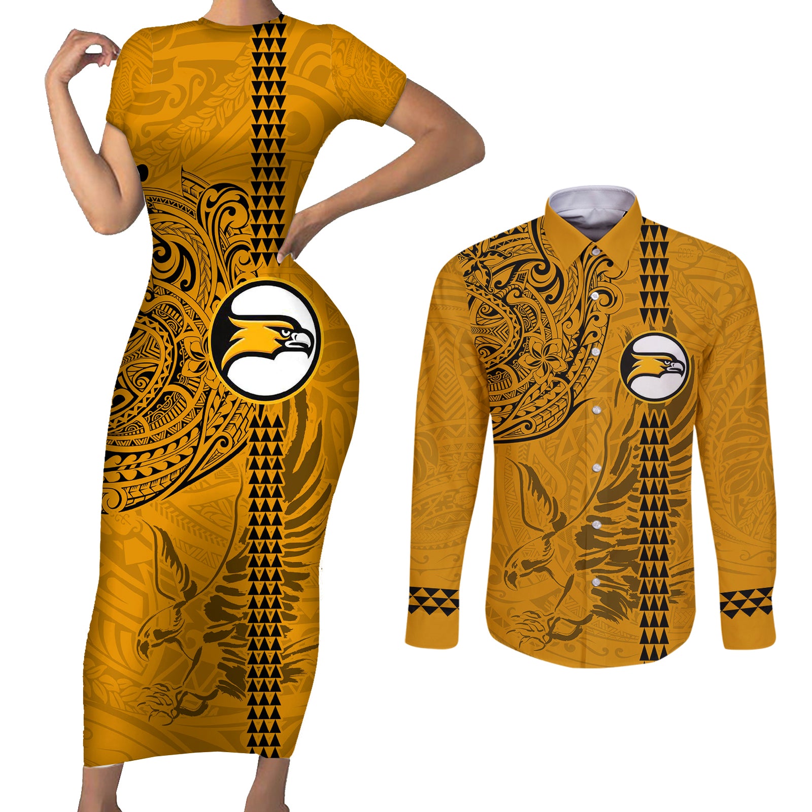 Nanakuli High and Intermediate School Couples Matching Short Sleeve Bodycon Dress and Long Sleeve Button Shirt Tribal Kakau Pattern LT03 Yellow - Polynesian Pride