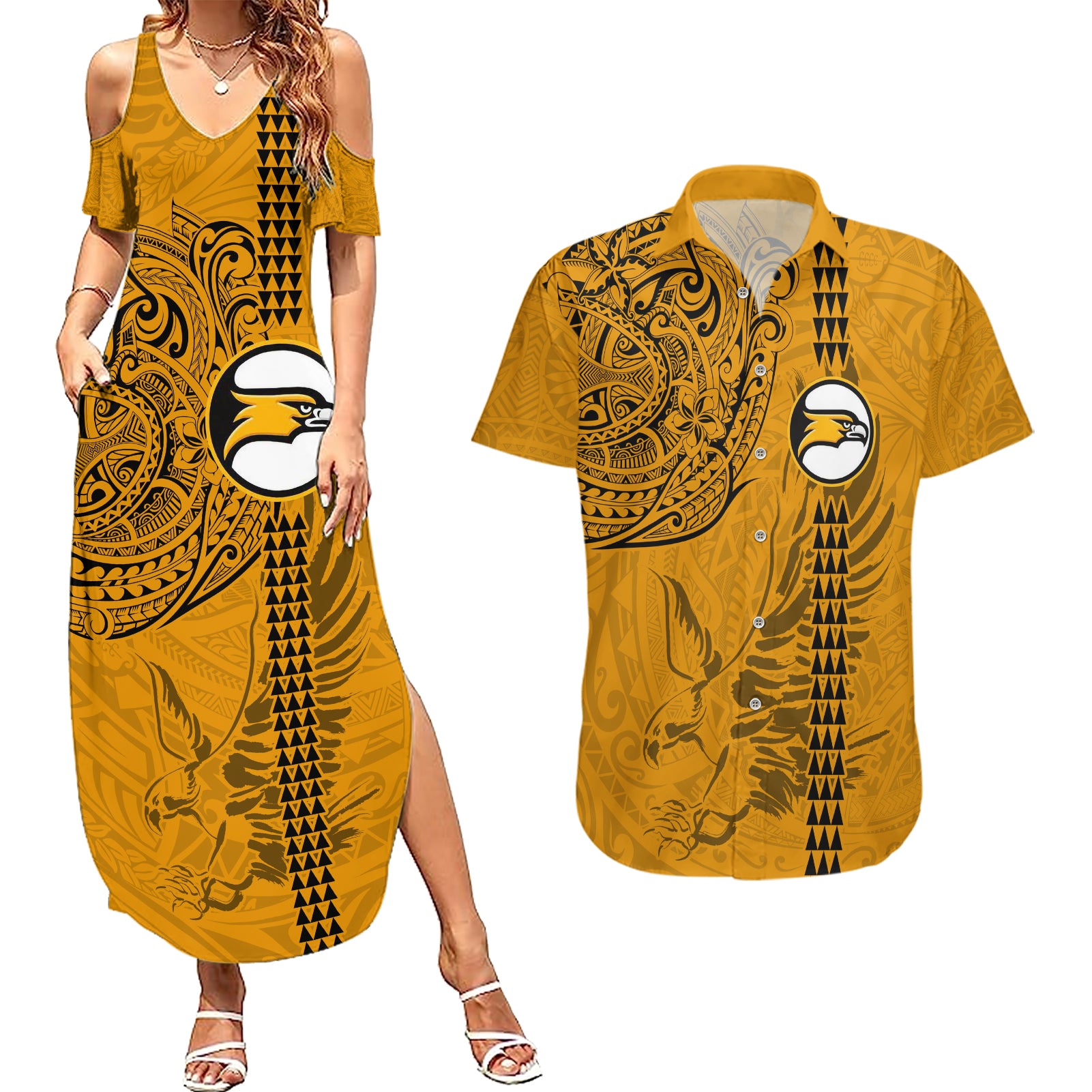 Nanakuli High and Intermediate School Couples Matching Summer Maxi Dress and Hawaiian Shirt Tribal Kakau Pattern LT03 Yellow - Polynesian Pride