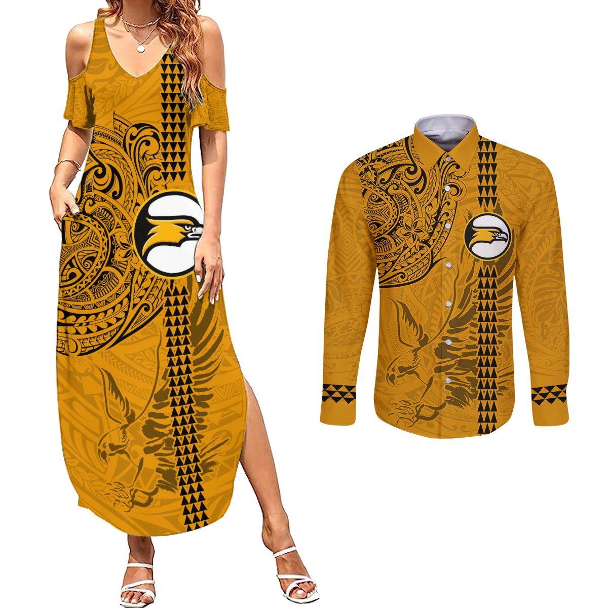 Nanakuli High and Intermediate School Couples Matching Summer Maxi Dress and Long Sleeve Button Shirt Tribal Kakau Pattern LT03 Yellow - Polynesian Pride