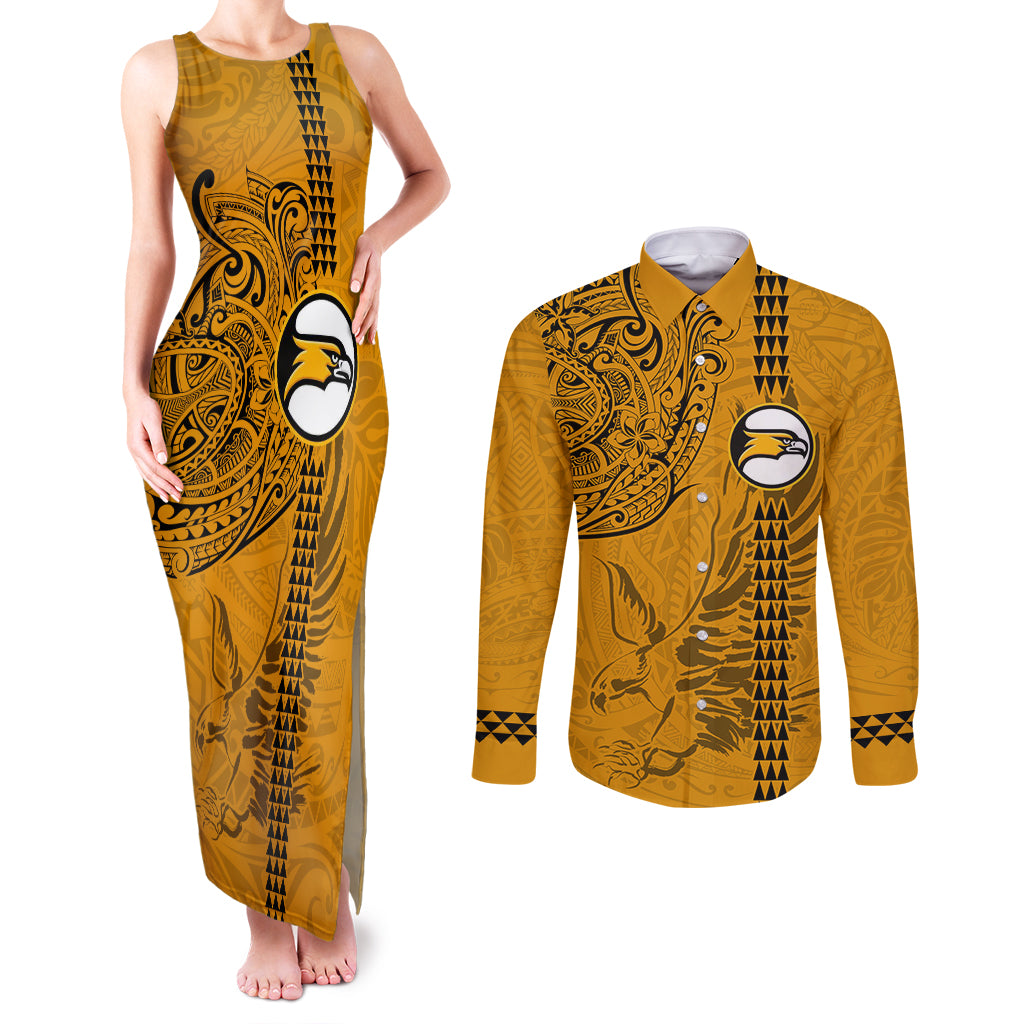Nanakuli High and Intermediate School Couples Matching Tank Maxi Dress and Long Sleeve Button Shirt Tribal Kakau Pattern LT03 Yellow - Polynesian Pride