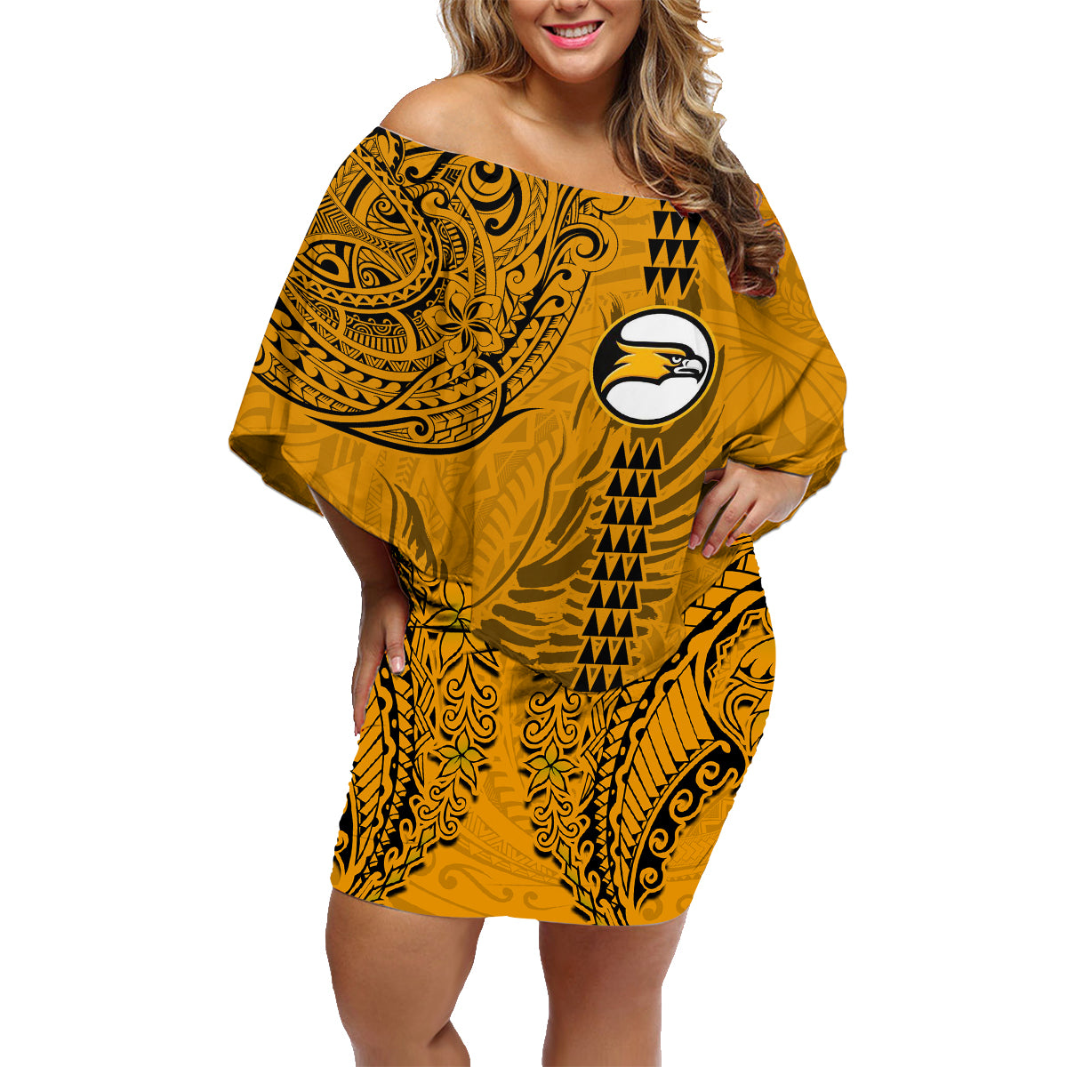 Nanakuli High and Intermediate School Family Matching Off Shoulder Short Dress and Hawaiian Shirt Tribal Kakau Pattern LT03 Mom's Dress Yellow - Polynesian Pride