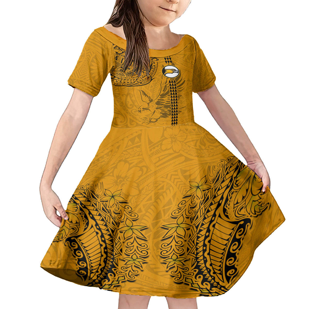 Nanakuli High and Intermediate School Family Matching Tank Maxi Dress and Hawaiian Shirt Tribal Kakau Pattern LT03 Daughter's Dress Yellow - Polynesian Pride