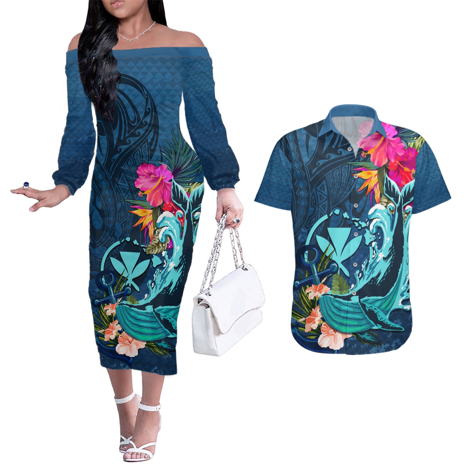 Hawaii Couples Matching Off The Shoulder Long Sleeve Dress and Hawaiian Shirt Whale Mix Hibiscus and Kanaka Maoli Blue Version LT03 Blue - Polynesian Pride