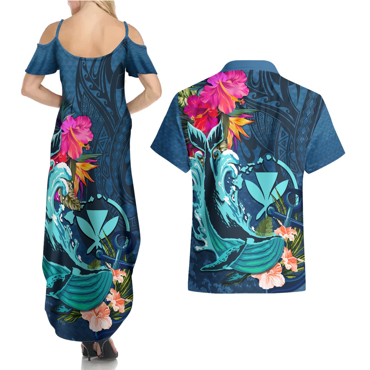 Hawaii Couples Matching Summer Maxi Dress and Hawaiian Shirt Whale Mix Hibiscus and Kanaka Maoli Blue Version LT03 - Polynesian Pride