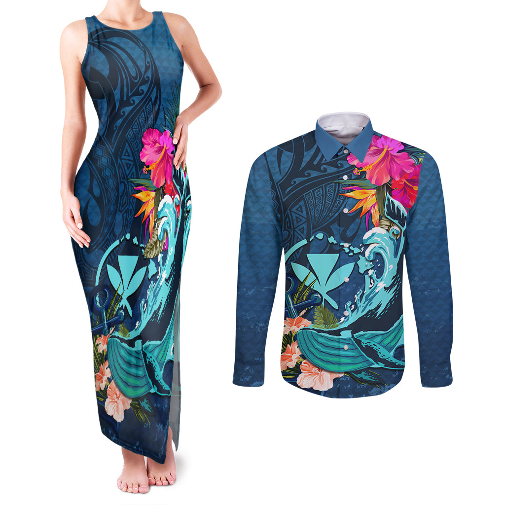 Hawaii Couples Matching Tank Maxi Dress and Long Sleeve Button Shirt Whale Mix Hibiscus and Kanaka Maoli Blue Version LT03 Blue - Polynesian Pride
