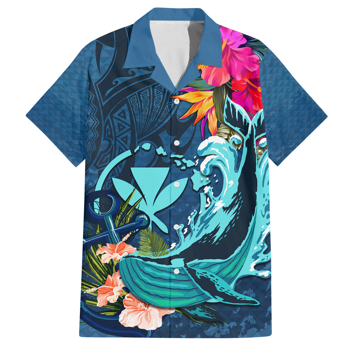 Hawaii Family Matching Long Sleeve Bodycon Dress and Hawaiian Shirt Whale Mix Hibiscus and Kanaka Maoli Blue Version LT03 Dad's Shirt - Short Sleeve Blue - Polynesian Pride