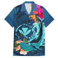 Hawaii Family Matching Off Shoulder Long Sleeve Dress and Hawaiian Shirt Whale Mix Hibiscus and Kanaka Maoli Blue Version LT03 Dad's Shirt - Short Sleeve Blue - Polynesian Pride