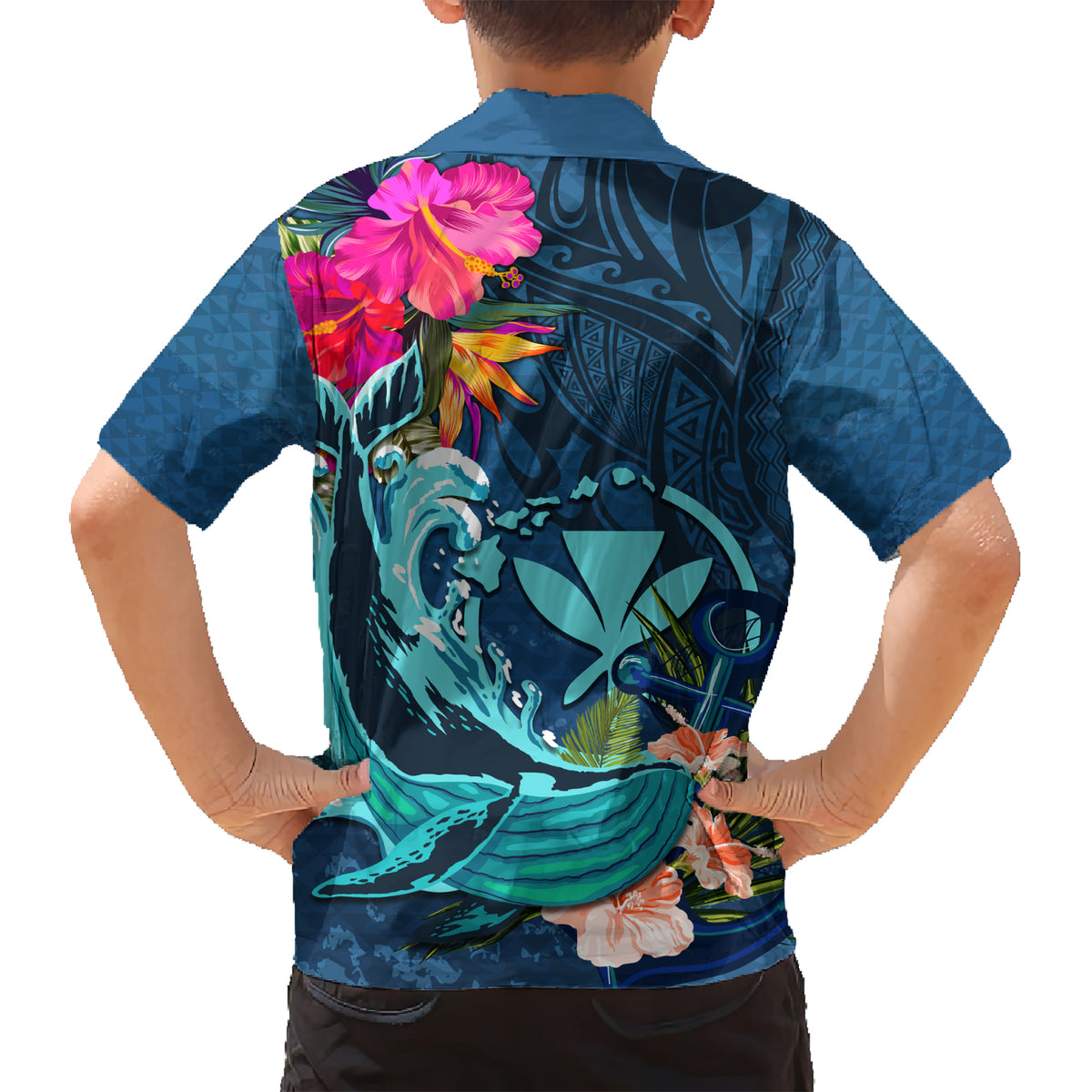 Hawaii Family Matching Short Sleeve Bodycon Dress and Hawaiian Shirt Whale Mix Hibiscus and Kanaka Maoli Blue Version LT03 - Polynesian Pride