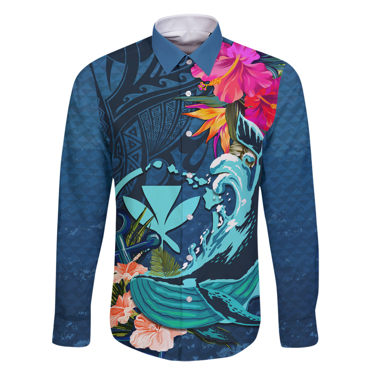 Hawaii Family Matching Short Sleeve Bodycon Dress and Hawaiian Shirt Whale Mix Hibiscus and Kanaka Maoli Blue Version LT03 Dad's Shirt - Long Sleeve Blue - Polynesian Pride