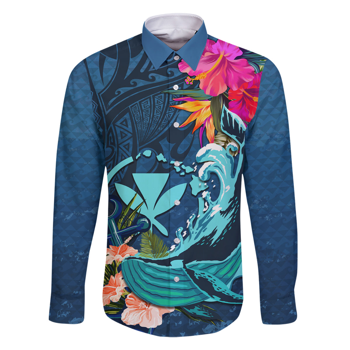Hawaii Family Matching Summer Maxi Dress and Hawaiian Shirt Whale Mix Hibiscus and Kanaka Maoli Blue Version LT03 Dad's Shirt - Long Sleeve Blue - Polynesian Pride