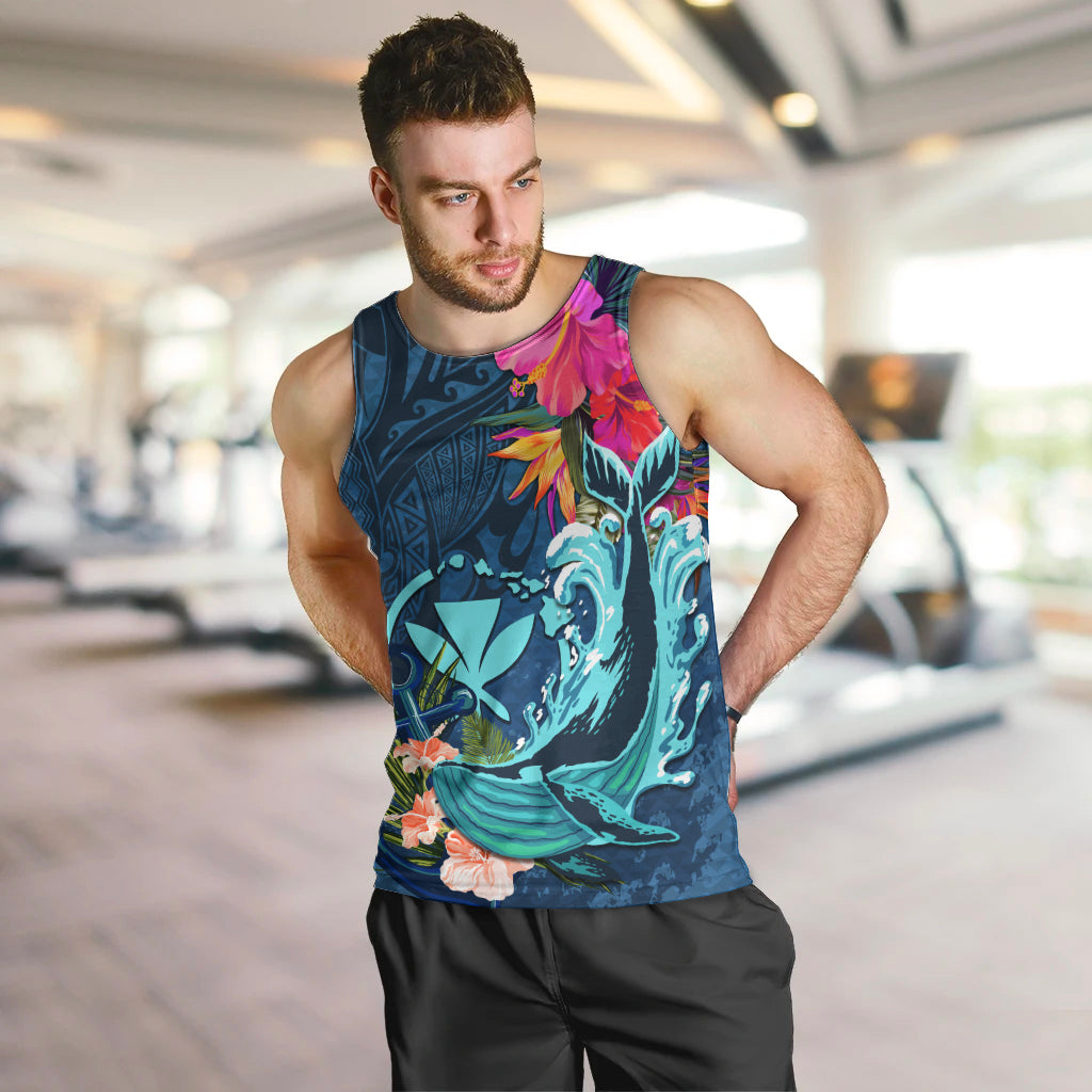 Hawaii Men Tank Top Whale Mix Hibiscus and Kanaka Maoli Blue Version LT03 Blue - Polynesian Pride