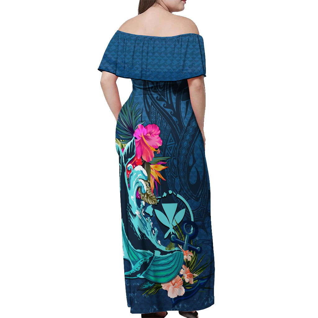 Hawaii Off Shoulder Maxi Dress Whale Mix Hibiscus and Kanaka Maoli Blue Version LT03 - Polynesian Pride