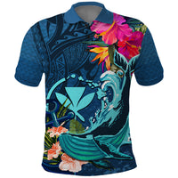 Hawaii Polo Shirt Whale Mix Hibiscus and Kanaka Maoli Blue Version LT03 Blue - Polynesian Pride