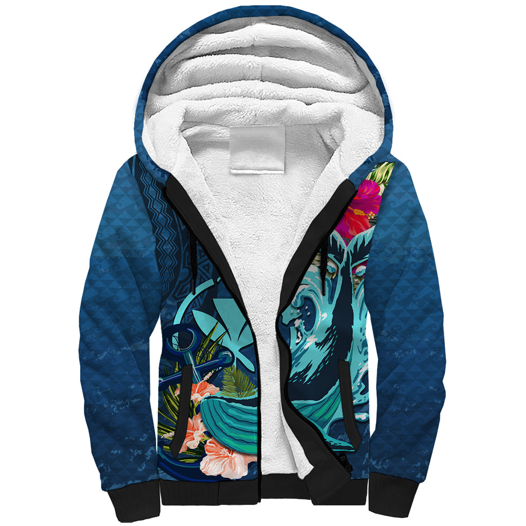 Hawaii Sherpa Hoodie Whale Mix Hibiscus and Kanaka Maoli Blue Version LT03 Unisex Blue - Polynesian Pride