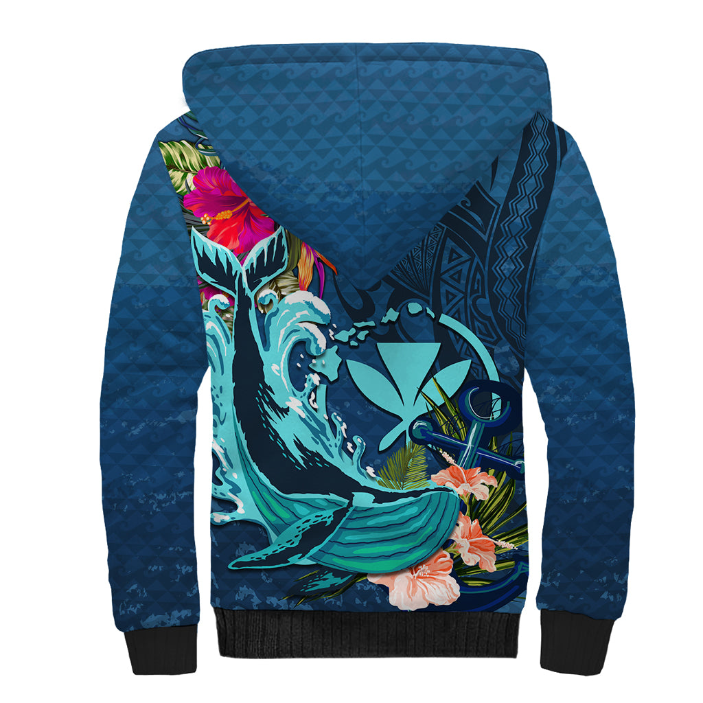Hawaii Sherpa Hoodie Whale Mix Hibiscus and Kanaka Maoli Blue Version LT03 - Polynesian Pride