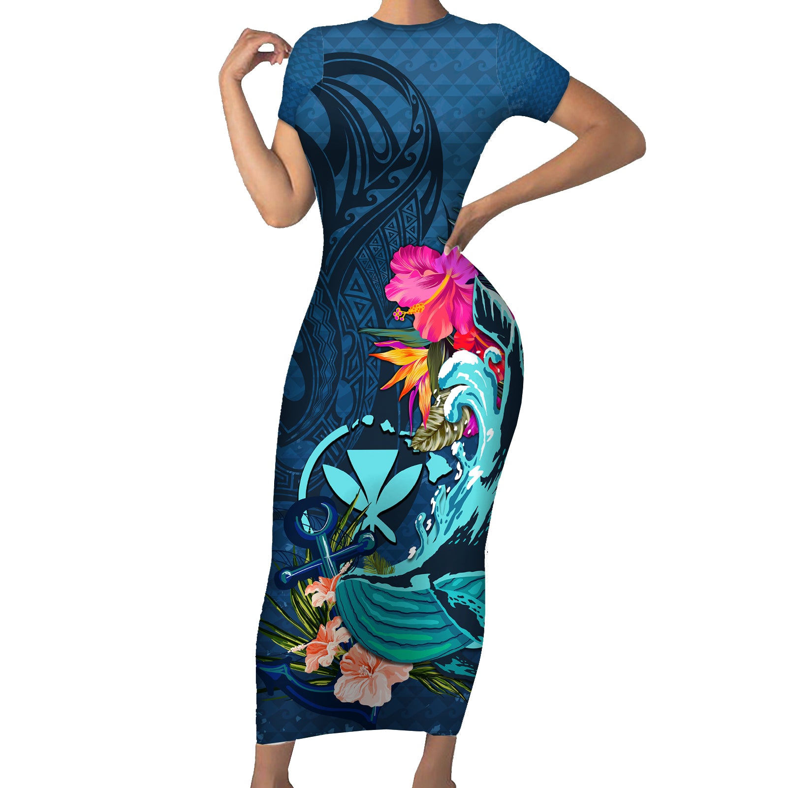 Hawaii Short Sleeve Bodycon Dress Whale Mix Hibiscus and Kanaka Maoli Blue Version LT03 Long Dress Blue - Polynesian Pride
