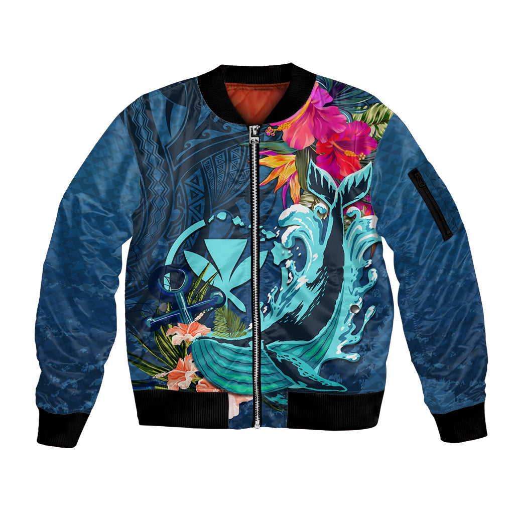 Hawaii Sleeve Zip Bomber Jacket Whale Mix Hibiscus and Kanaka Maoli Blue Version LT03 Unisex Blue - Polynesian Pride