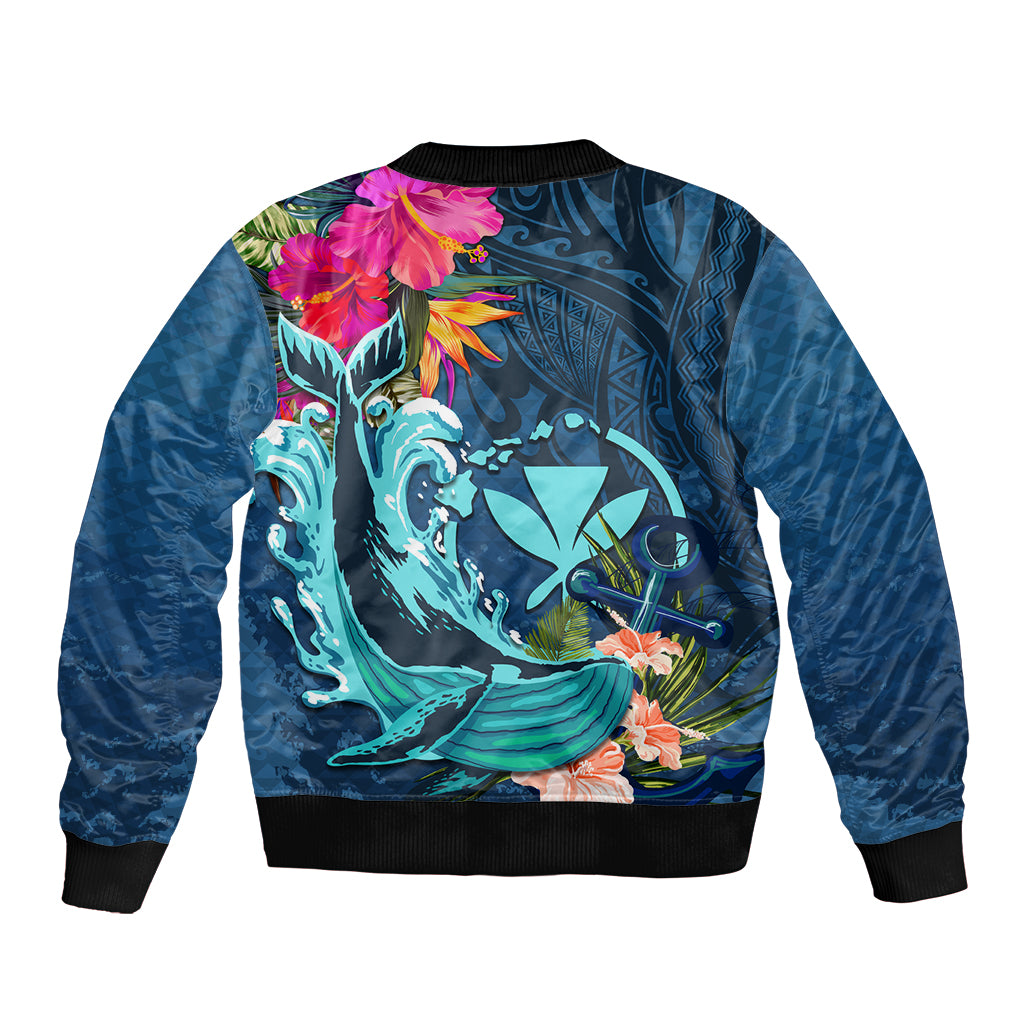 Hawaii Sleeve Zip Bomber Jacket Whale Mix Hibiscus and Kanaka Maoli Blue Version LT03 - Polynesian Pride