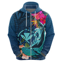 Hawaii Zip Hoodie Whale Mix Hibiscus and Kanaka Maoli Blue Version LT03 - Polynesian Pride
