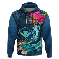 Hawaii Zip Hoodie Whale Mix Hibiscus and Kanaka Maoli Blue Version LT03 Pullover Hoodie Blue - Polynesian Pride