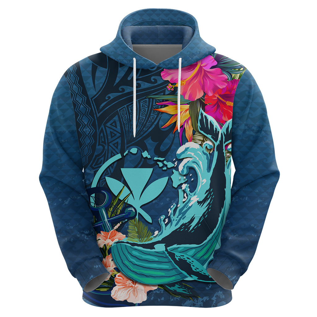 Hawaii Zip Hoodie Whale Mix Hibiscus and Kanaka Maoli Blue Version LT03 - Polynesian Pride